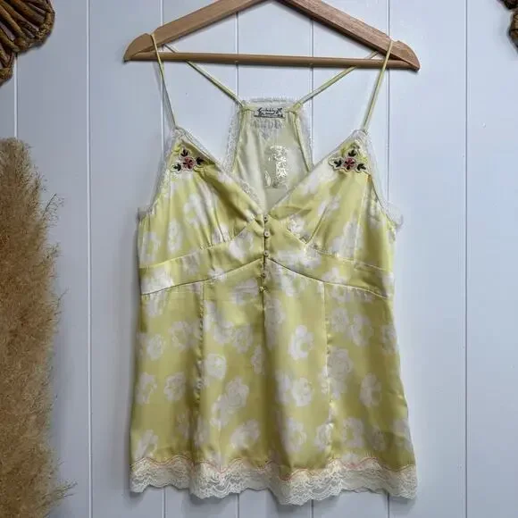 Free People satin cami top lace floral embroidered boho femme XS - Picture 4 of 8